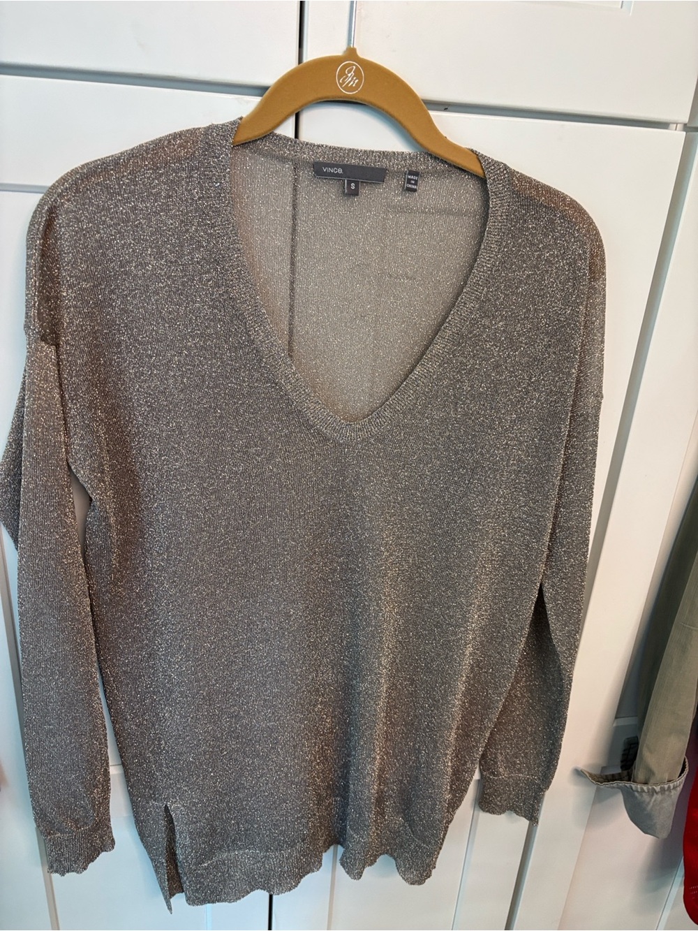 Vince Shimmery Taupe V-Neck Sweater